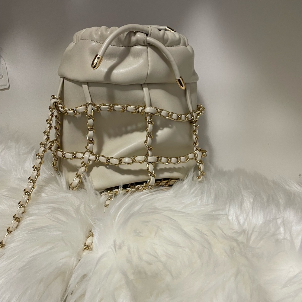 Cream Mini Bag with Gold Studs and Chain Strap